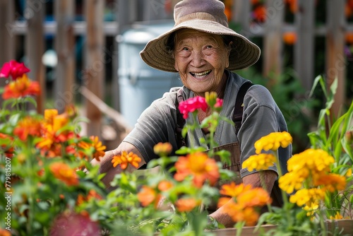 Happy Senior Citizen Tending to Garden Flowers © Ilia Nesolenyi