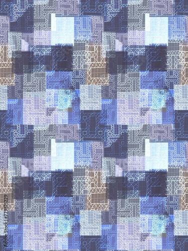 Seamless pattern in patchwork style with square and rectangular elements in the form of houses. Suitable for interior, wallpaper, fabrics, clothing, stationery. © Юлия Глухивская