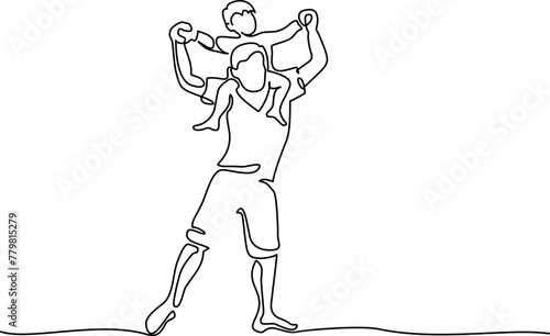 Father carrying son on shoulders with arm raised pose.