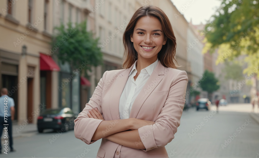 Young happy pretty smiling professional business woman, happy confident positive female entrepreneur standing outdoor on street arms crossed, looking at camera Young happy pretty smiling professional business woman, happy confident positive female entrepreneur standing outdoor on street arms crossed, looking at camera