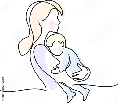 Mom holding a new born baby. Line art family portrait.
