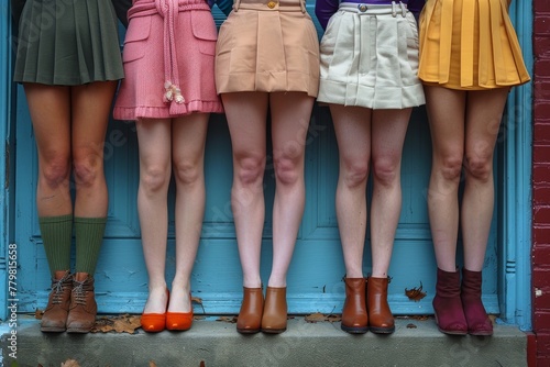 A lineup of women's legs showcasing diversity and fashion against a rustic blue door