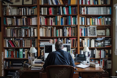 Man Working in Home Office Surrounded by Bookshelves