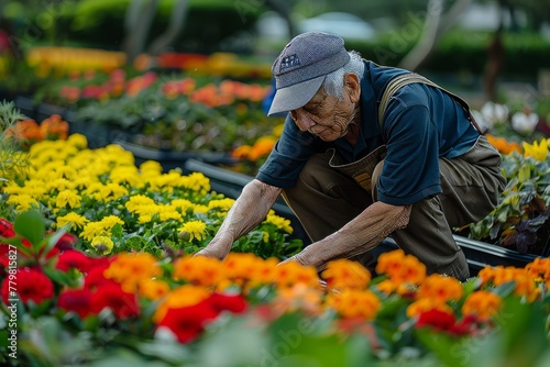 Senior Man Amongst Vibrant Garden Blooms © Ilia Nesolenyi