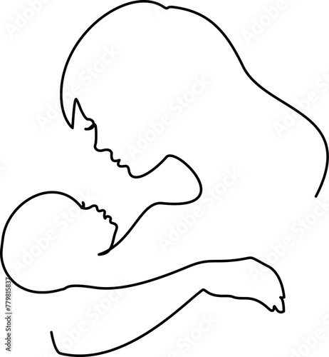 Mom holding a new born baby. Line art family portrait.