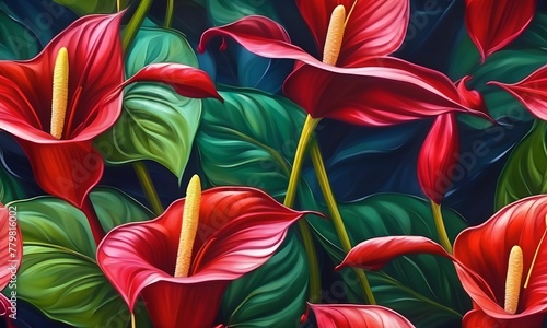 wallpaper representing anthuriums painted with oil paint