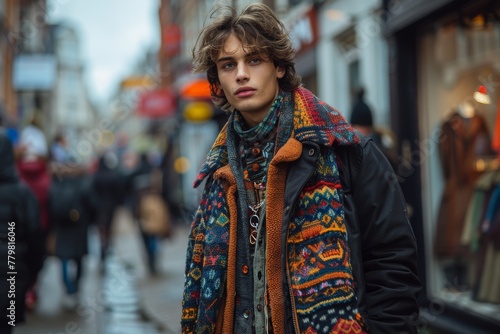 A fashionable young man with tousled hair wears a vibrant winter coat and scarf amidst a bustling cityscape