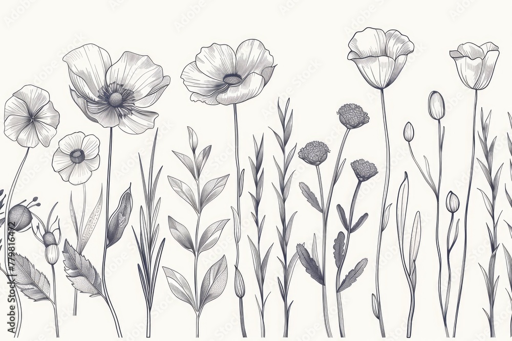 Line art illustrations of various plants and flowers for elegant