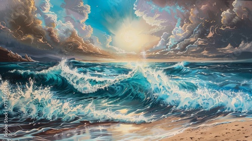 Capture the majestic power of ocean waves as they crash onto the shore, embodying the raw beauty and energy of nature. This scene evokes a sense of awe and respect for the sea's untamed spirit. 