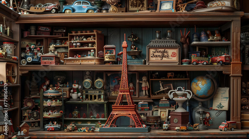 Antique Toy Shelf Display, Timeless Treasures and Eiffel Tower Model