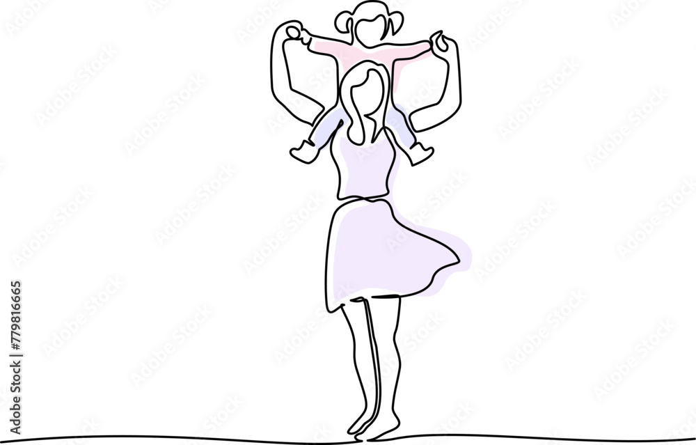Happy Mother with children daughter on shoulders. Continuous one line Happy Mother with children daughter on shoulders. Continuous one line
