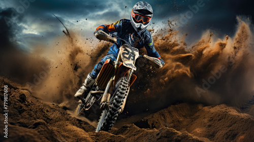 Motocross racing, Dirt track action, High-speed jumps, Dusty adrenaline, Motorbike close-ups, Extreme racing, Off-road adventures, Thrilling races, Helmet and gear, Action-packed rides © Dmitriy