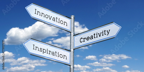 Innovation, creativity, inspiration - metal signpost with three arrows
