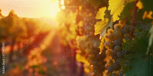 A vineyard with grapes on the vines and the sun shining on the grapes. The grapes are ripe and ready to be picked