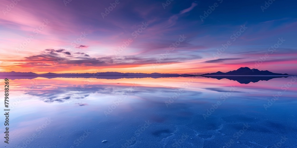 A beautiful sunset over a calm lake with a mountain in the background. The sky is a mix of pink and purple hues, creating a serene and peaceful atmosphere