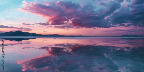 A beautiful sunset over a calm lake with a pink and purple sky. The sky is filled with clouds, and the water is reflecting the colors of the sky. The scene is serene and peaceful © kiimoshi