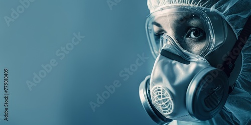 A woman in a hazmat suit with a mask on her face. The woman is wearing a white lab coat and goggles