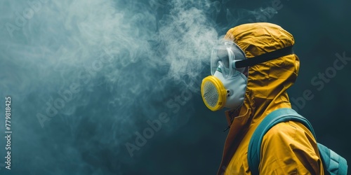 A person in a yellow jacket is wearing a gas mask and standing in front of a gray background. Concept of danger and caution, as the person is likely in a hazardous environment photo