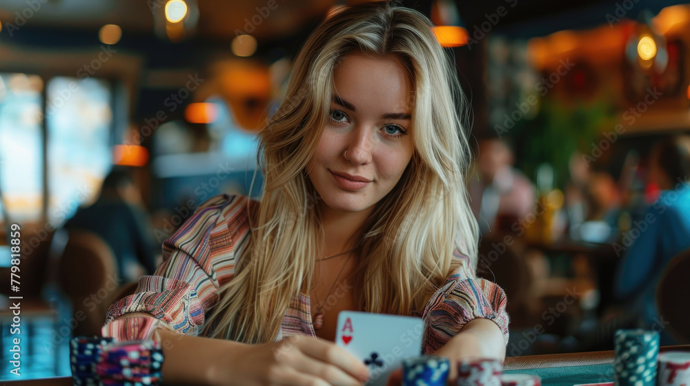 Fototapeta premium A woman is sitting at a table with a deck of cards and a cell phone