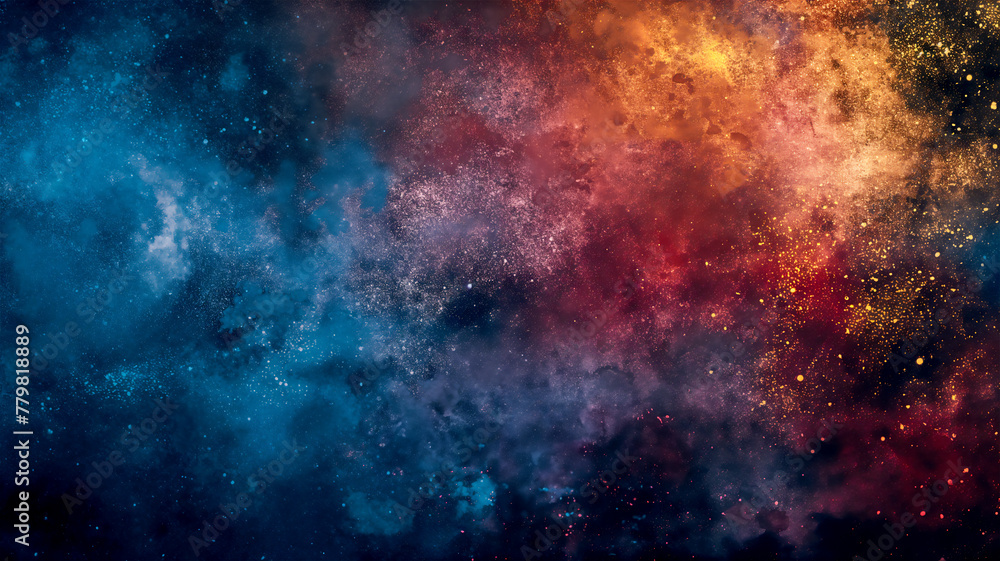 Fototapeta premium Colourful grunge grainy outer space nebula background gradient, blue, orange, red and black noise texture backdrop design