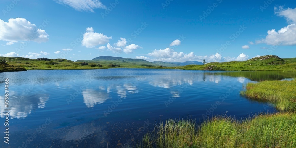 A calm lake with a few trees in the background. The sky is blue with some clouds. The water is still and clear