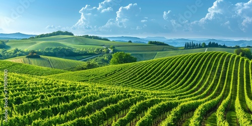 A lush green vineyard with rows of vines and a clear blue sky