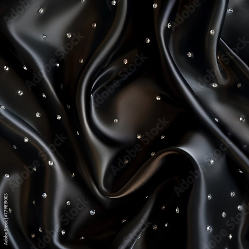 Elegant black background with silk fabric and rhinestones