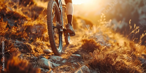 A person is riding a bike on a rocky trail with the sun shining on them. Concept of adventure and excitement as the person navigates the challenging terrain