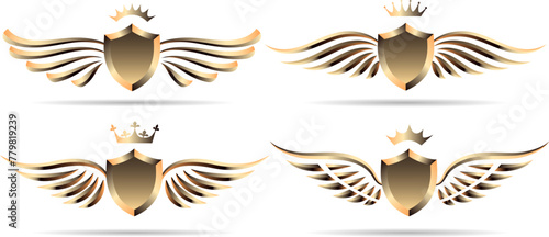 Metal shields with wings and crown set © vectortatu