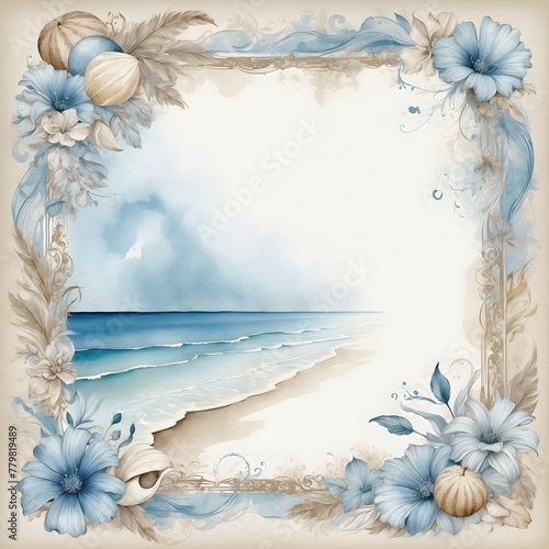 Design-Vorlage - Aquarell-Stil - Karibischer Strand - Sepia & Blau photo