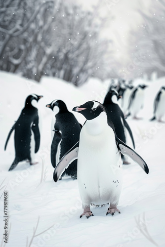 A group of penguins are standing in the snow