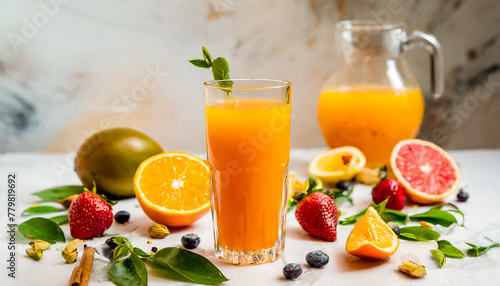 Freshly squeezed orange juice standing on a white table among lying fresh fruits. Świeżo wyciskany sok pomarańczowy stojący na białym stole pośród leżących świeżych owoców.