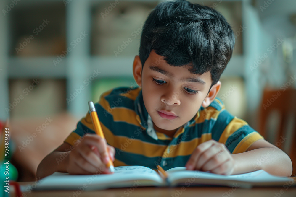 Young boy learning and studying doing homework Young boy learning and studying doing homework