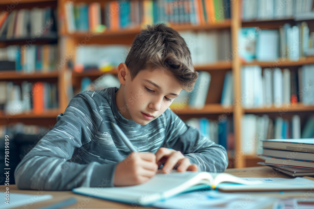 Young boy learning and studying doing homework Young boy learning and studying doing homework