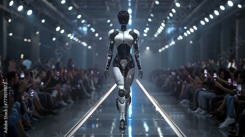 futuristic fashion show on sleek catwalk where female AI robots as fashion Model