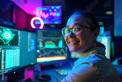 Office worker with a satisfied smile, looking at a monitor filled with bright "AI" data graphs, representing progress.