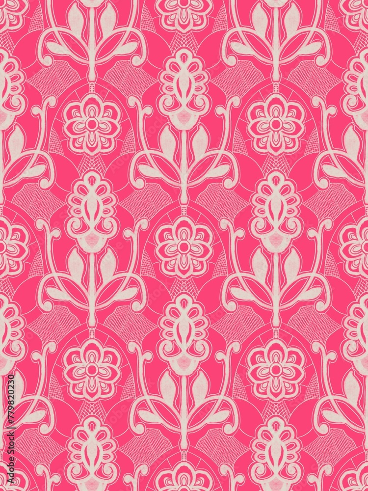 Seamless vector pattern with flowers and lace, cobwebs in block print style. Suitable for interior, wallpaper, fabrics, clothing, stationery.