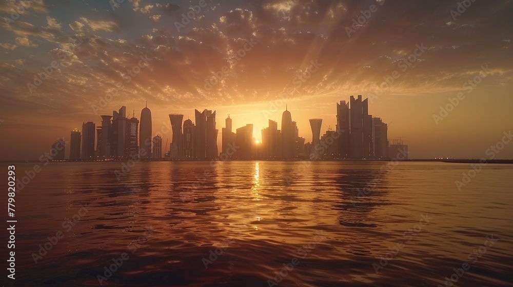 Obraz premium view of skyscrapers before sunset.AI generated image