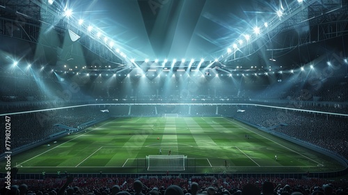 A majestic view of a soccer stadium at night, illuminated by bright floodlights with fans filling the stands, ready for the game. Stadium Floodlights Shining on a Soccer Field

 photo