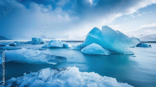 Someone walks on a frozen lake. This natural wonder is a popular tourist destination. The mountains in the background add to the majesty of the view.