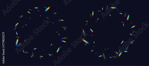 Obraz na płótnie Rainbow refraction overlay frames, leak flare, prism light effect, rainbow sunlight, holographic rays with transparency. Blurred bokeh retro photo texture, vintage camera glare. Vector background. w salonie