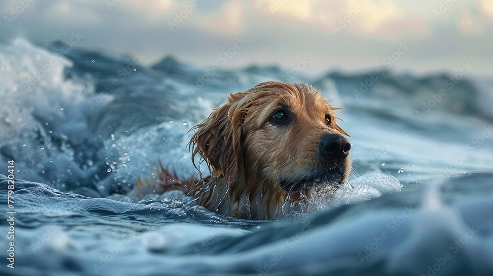a dog swimming in the ocean with the sky in the background