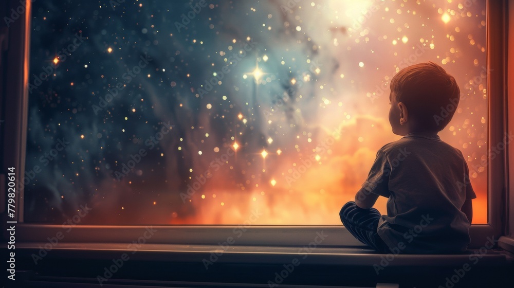 A little boy sitting on a window sill looking at the stars