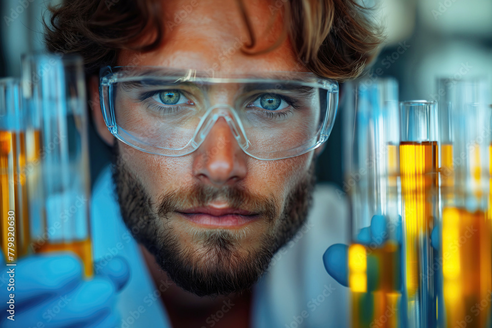 young male scientist doctor holding test tubes with a virus test in a biochemical laboratory at scientific clinic young male scientist doctor holding test tubes with a virus test in a biochemical laboratory at scientific clinic