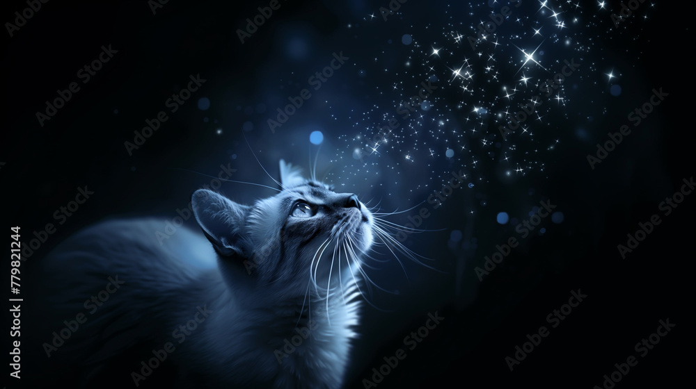 The cat looks at the sky at night. Magical, fairy tale picture