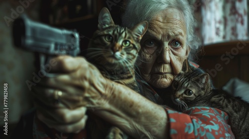 An old woman holding a cat and a gun