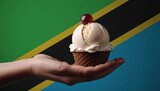 Indulging in a creamy treat, a Tanzania flag in the background. A tasty representation of the nation's thriving ice cream industry.