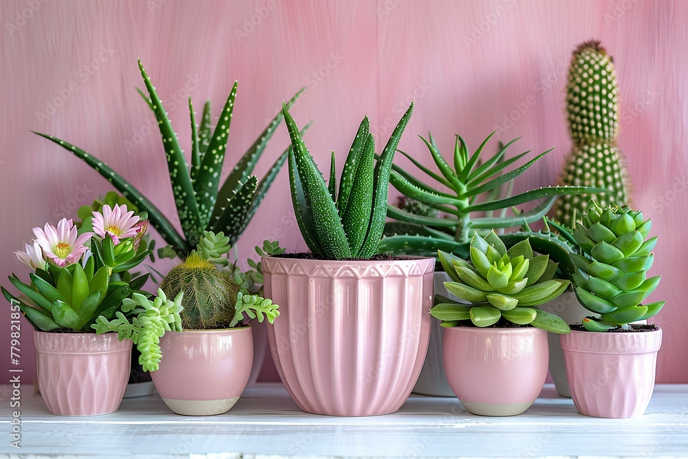 A row of potted succulents on a shelf A row of potted succulents on a shelf