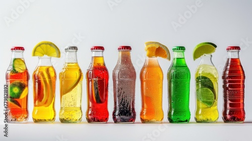 Close up view of various cold drinks in bottles.AI generated image