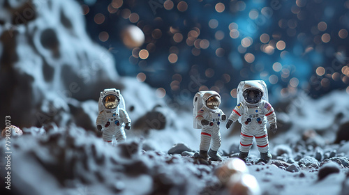 Three little astronauts walk around the planet in space photo